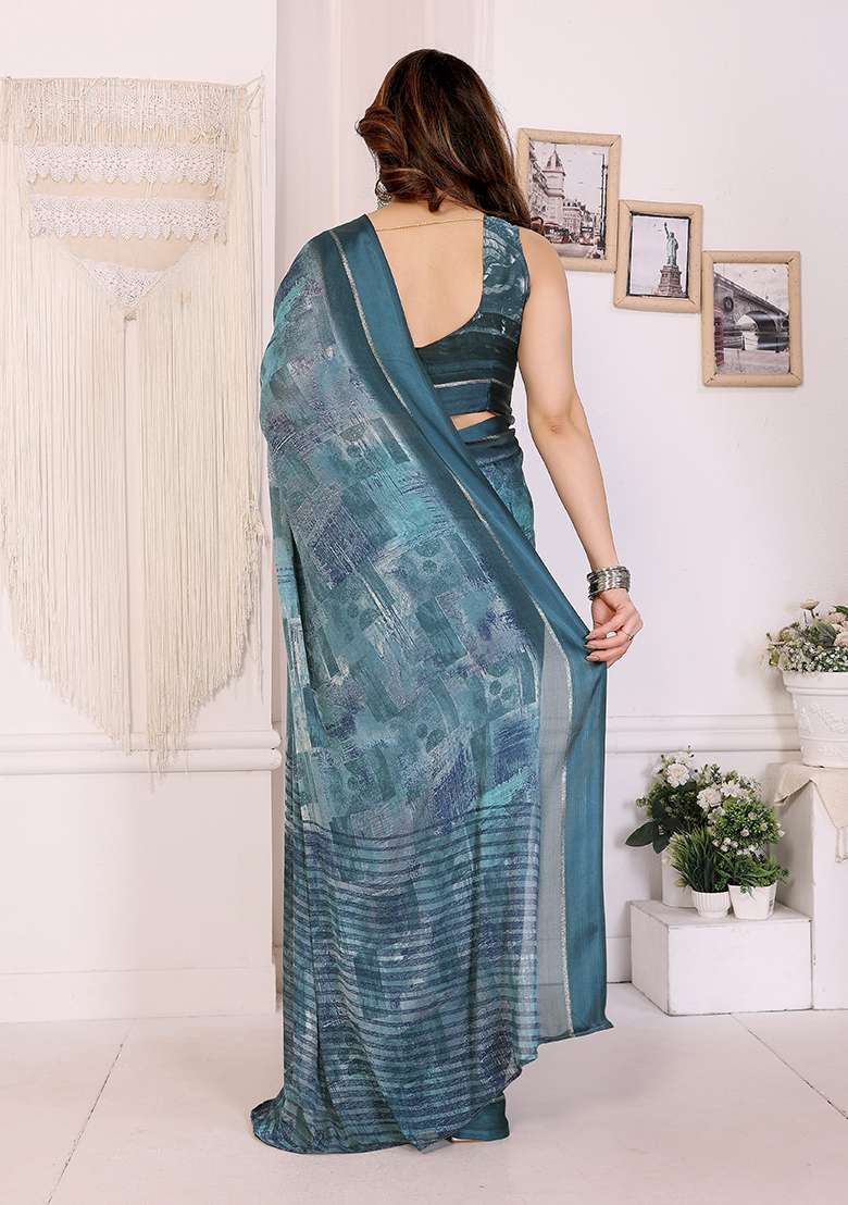 Blue Satin Saree Set with Printed for Diwali | Wedding & Festive Wear - Indya