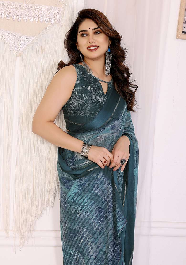 Blue Satin Saree Set with Printed for Diwali | Wedding & Festive Wear - Indya