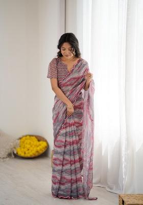 Grey Printed Georgette Saree Set