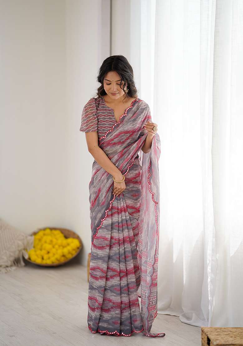 Grey Printed Georgette Saree Set for Diwali and Festive Wear - Indya
