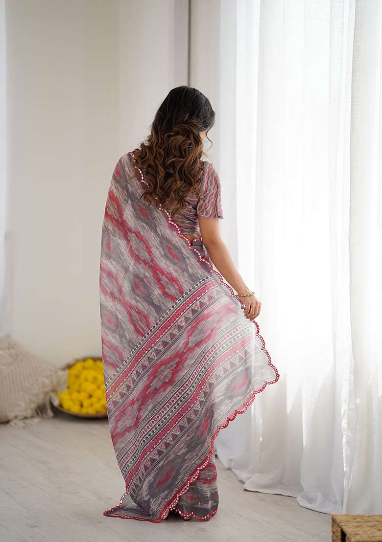 Grey Printed Georgette Saree Set for Diwali and Festive Wear - Indya