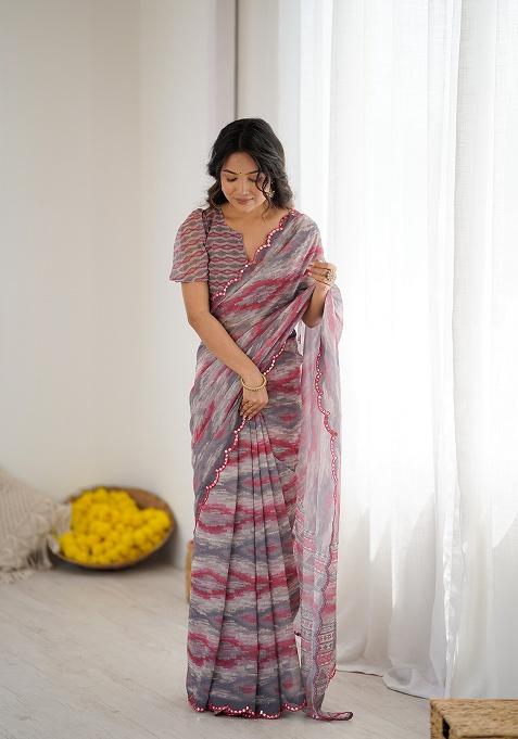 Grey Printed Georgette Saree Set