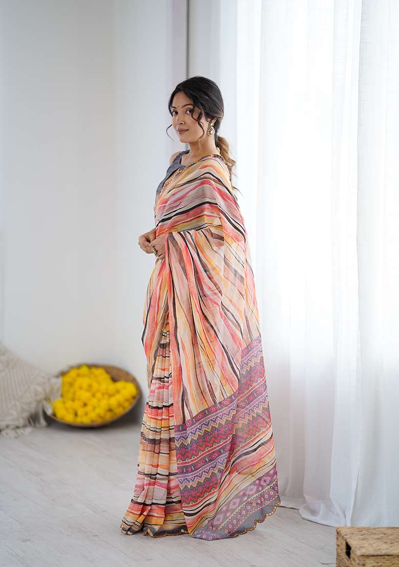 Orange Printed Georgette Saree Set for Diwali and Festive Wear - Indya