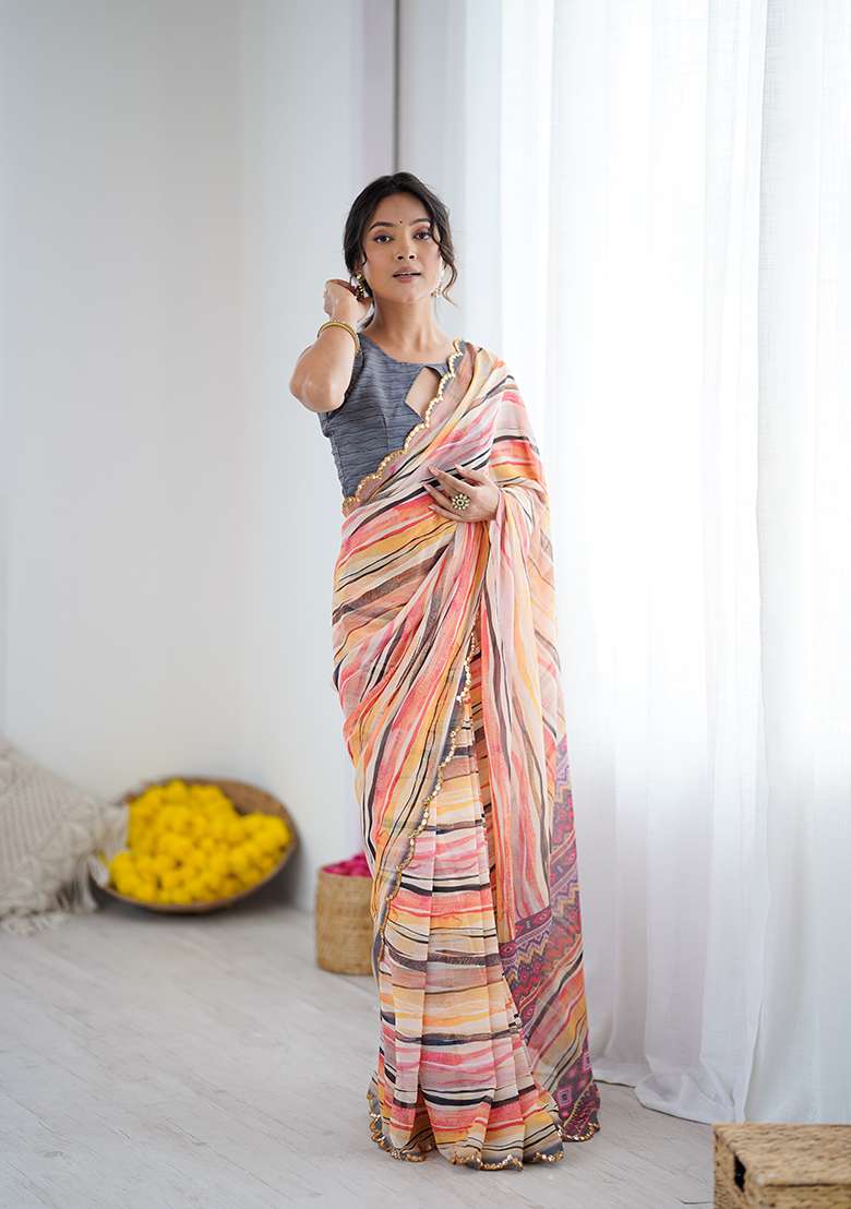 Orange Printed Georgette Saree Set for Diwali and Festive Wear - Indya