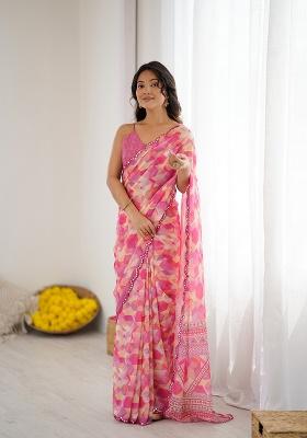 Pink Printed Georgette Saree Set