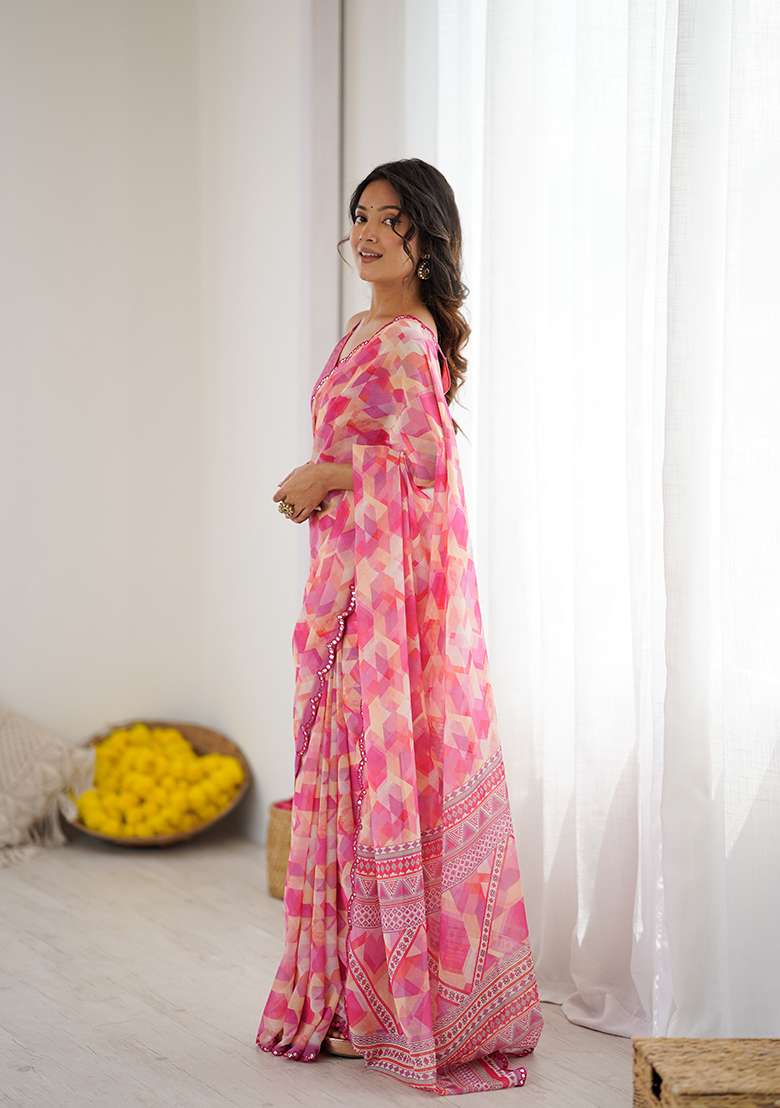 Pink Georgette Saree Set with Printed for Diwali | Wedding & Festive Wear - Indya