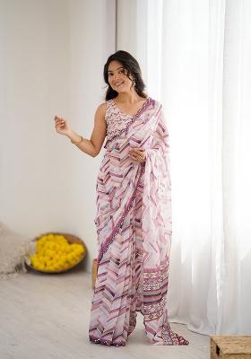 White Printed Georgette Saree Set