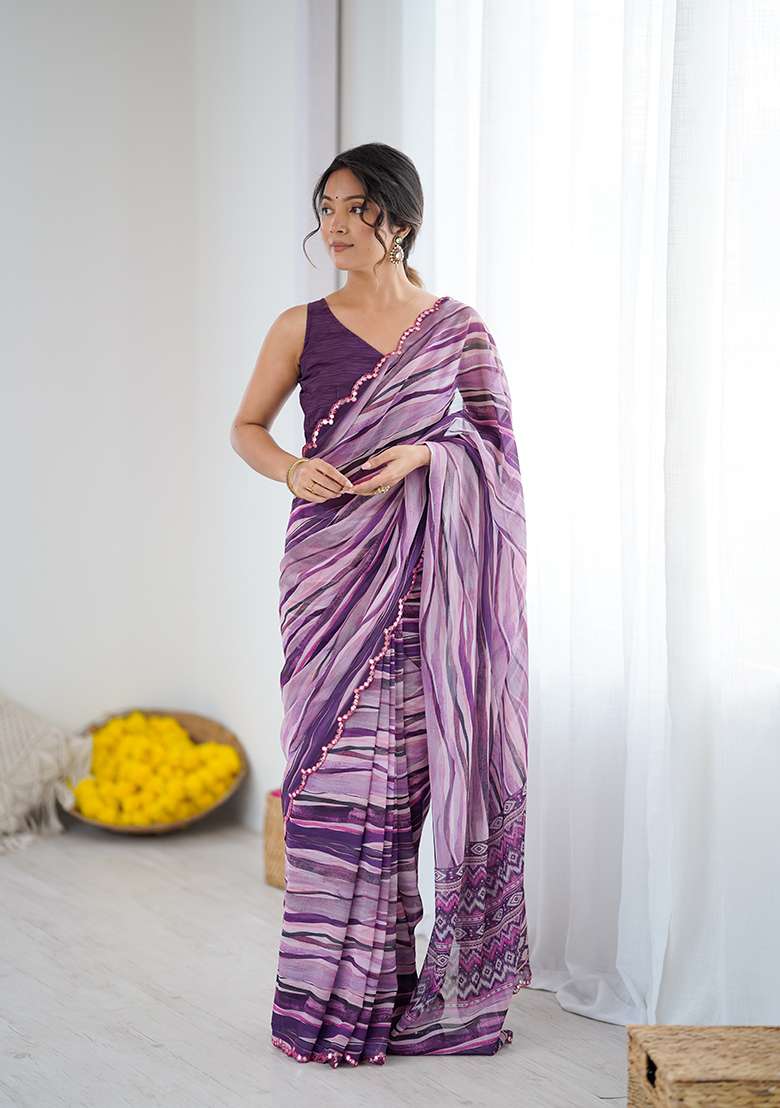 Wine Printed Georgette Saree Set for Diwali and Festive Wear - Indya
