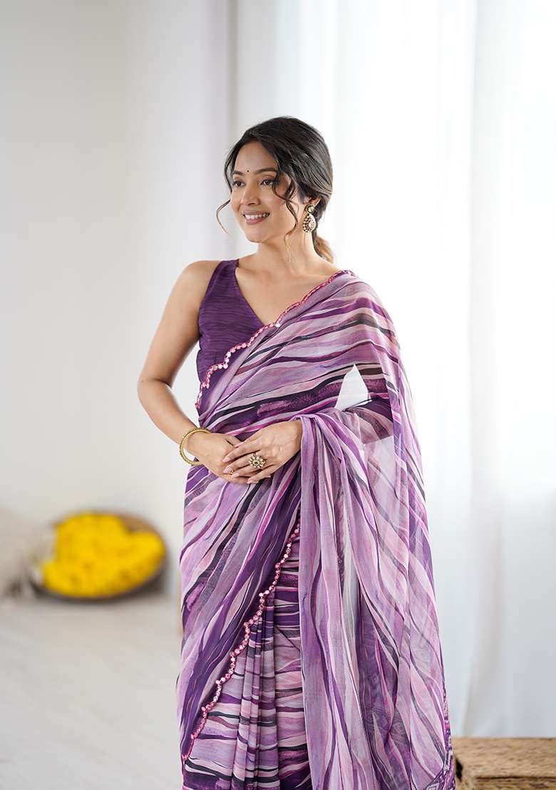 Wine Printed Georgette Saree Set for Diwali and Festive Wear - Indya