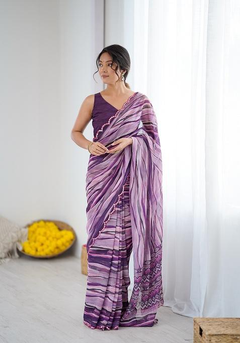 Wine Printed Georgette Saree Set
