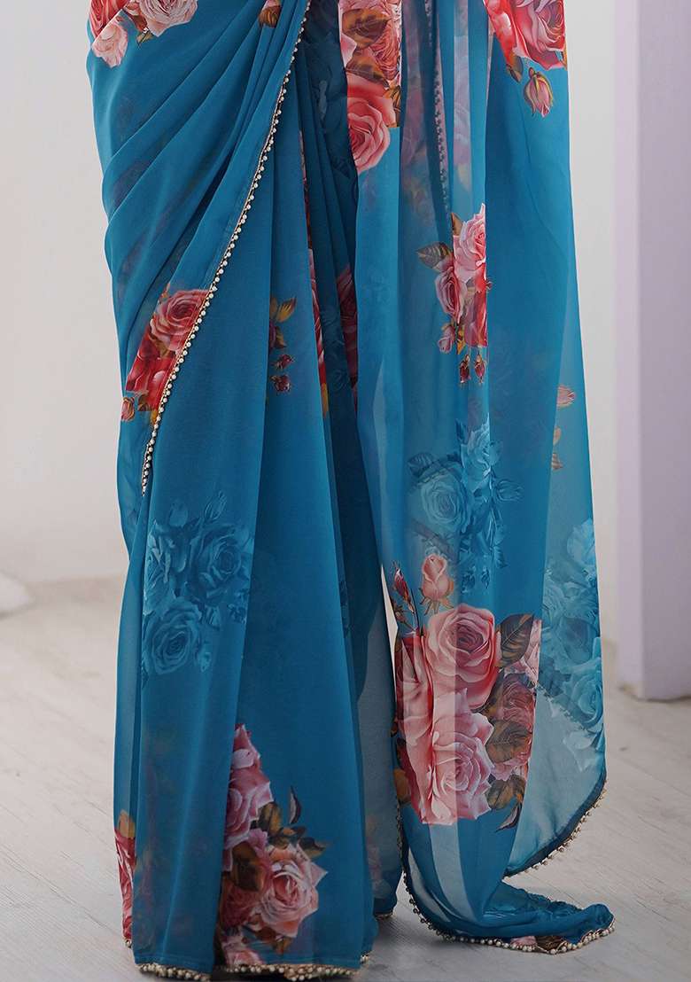 Blue Printed Georgette Saree Set for Diwali and Festive Wear - Indya