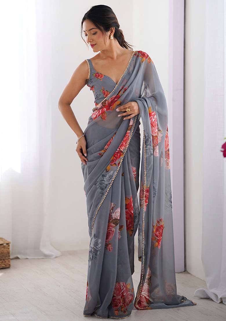Grey Printed Georgette Saree Set for Diwali and Festive Wear - Indya