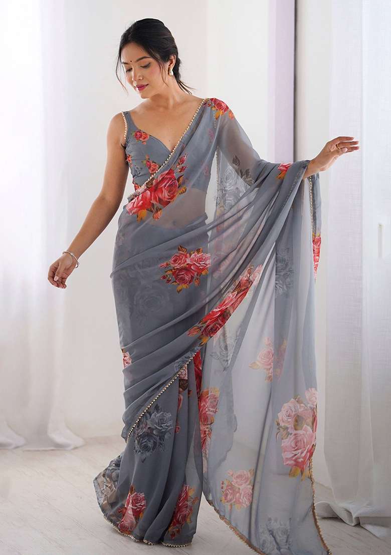 Grey Printed Georgette Saree Set for Diwali and Festive Wear - Indya