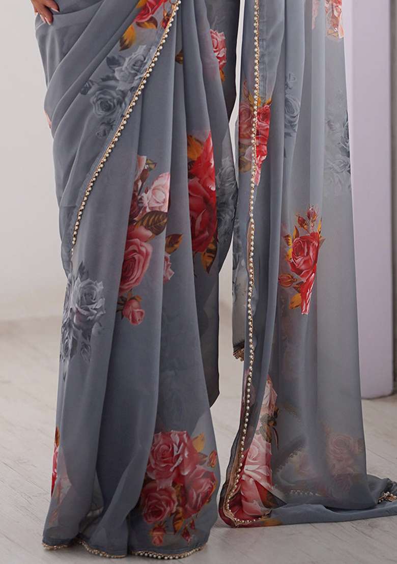 Grey Printed Georgette Saree Set for Diwali and Festive Wear - Indya