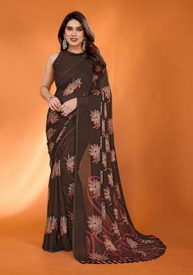 Brown Printed Satin Saree Set
