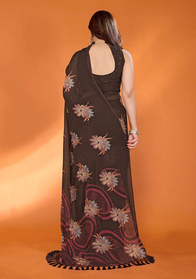 Brown Printed Satin Saree Set for Diwali and Festive Wear - Indya