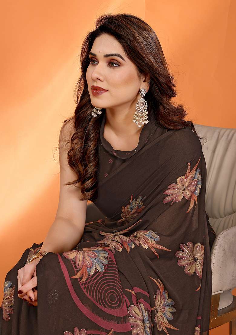 Brown Printed Satin Saree Set for Diwali and Festive Wear - Indya