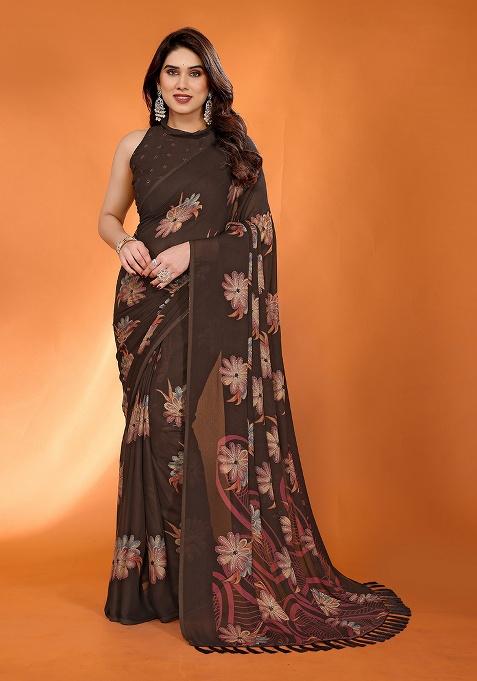 Brown Printed Satin Saree Set