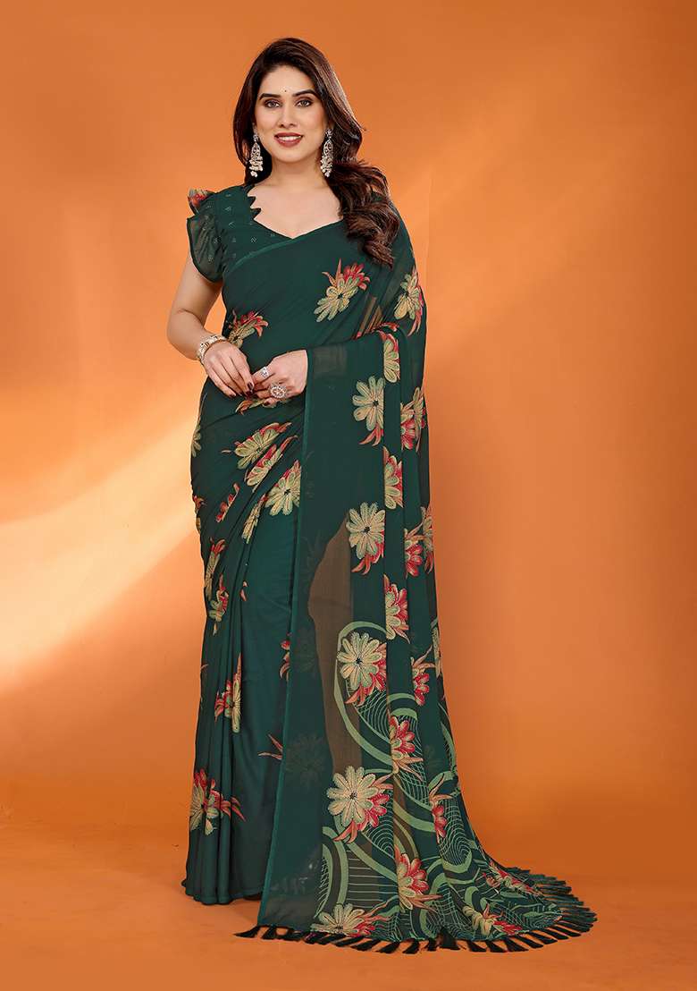 Green Satin Saree Set with Printed for Diwali | Wedding & Festive Wear - Indya