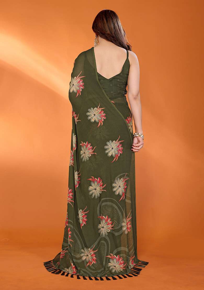 Green Satin Saree Set with Printed for Diwali | Wedding & Festive Wear - Indya