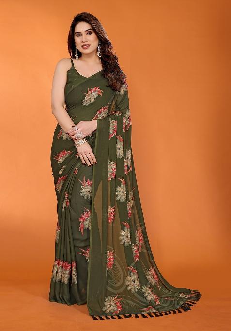 Green Printed Satin Saree Set