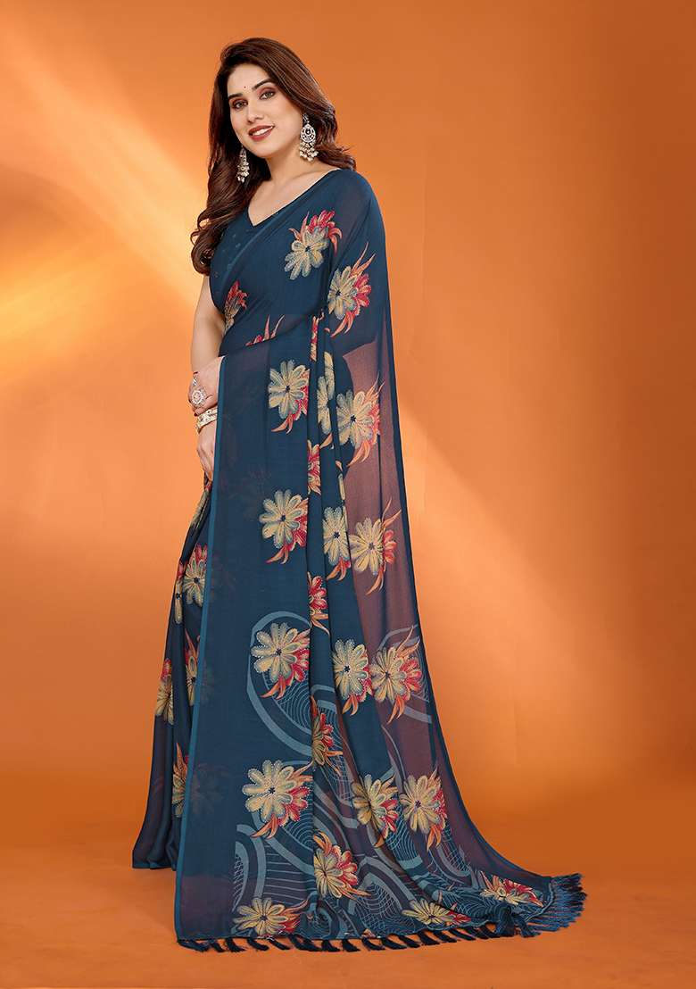 Blue Satin Saree Set with Printed for Diwali | Wedding & Festive Wear - Indya