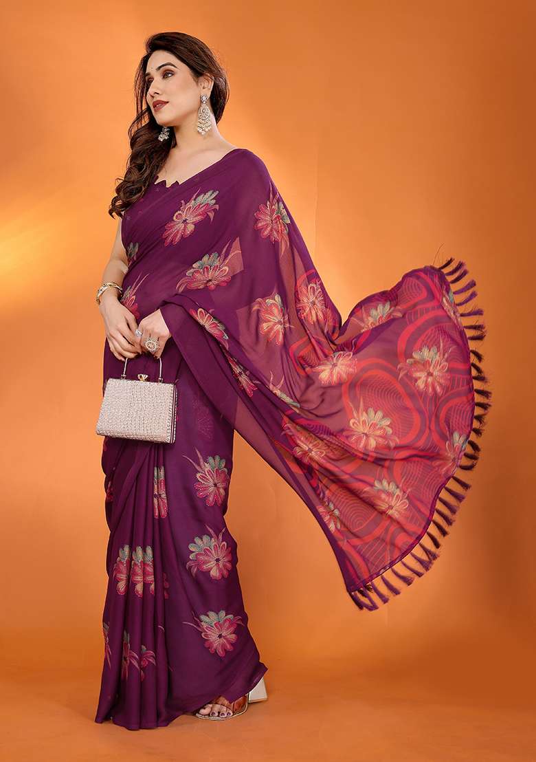 Purple Satin Saree Set with Printed for Diwali | Wedding & Festive Wear - Indya