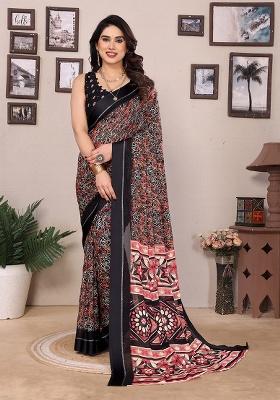 Black Printed Satin Saree Set