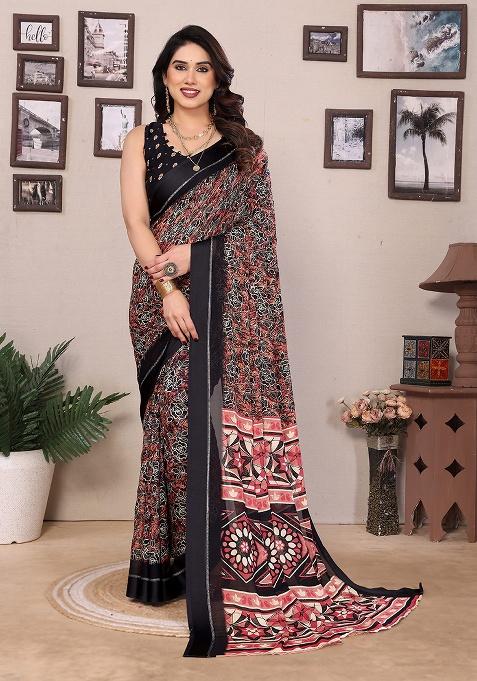 Black Printed Satin Saree Set
