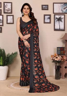 Black Printed Satin Saree Set