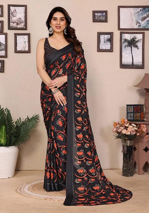 Black Printed Satin Saree Set