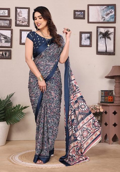 Grey Printed Satin Saree Set