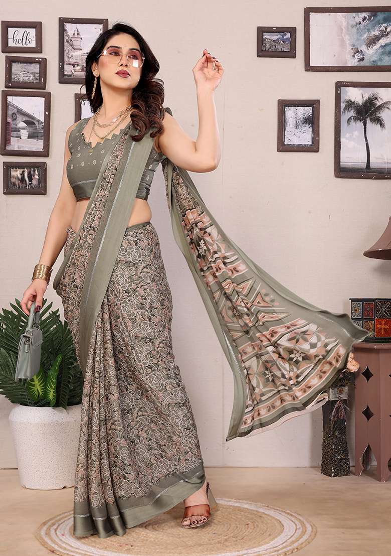 Blue Satin Saree Set with Printed for Diwali | Wedding & Festive Wear - Indya