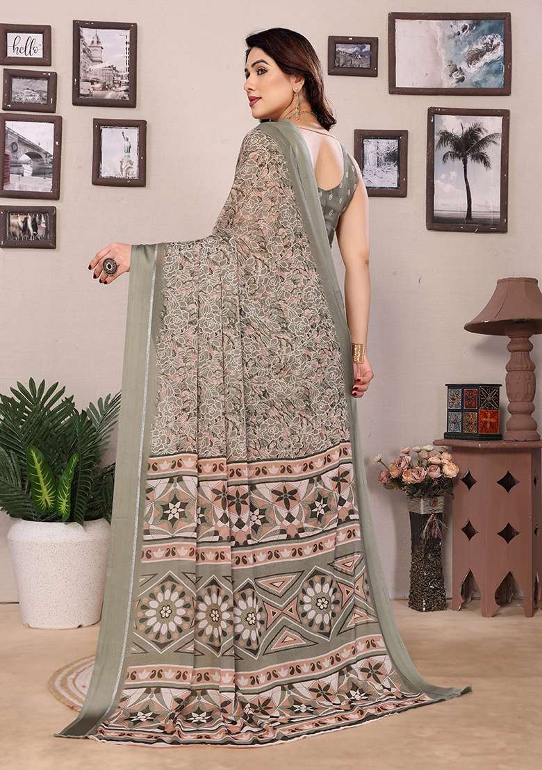 Blue Satin Saree Set with Printed for Diwali | Wedding & Festive Wear - Indya