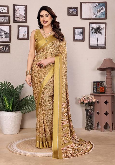 Peach Printed Satin Saree Set