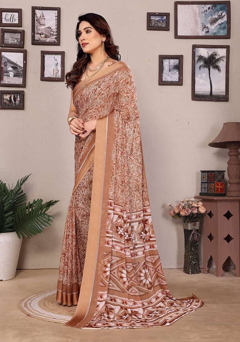 Wine Printed Satin Saree Set for Diwali and Festive Wear - Indya