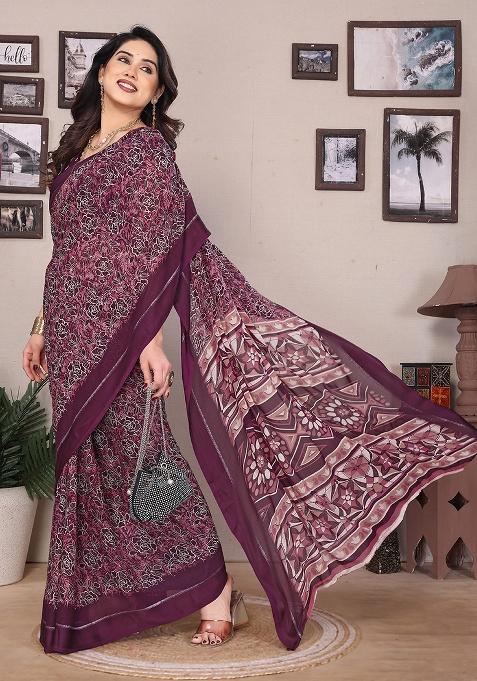 Yellow Printed Satin Saree Set