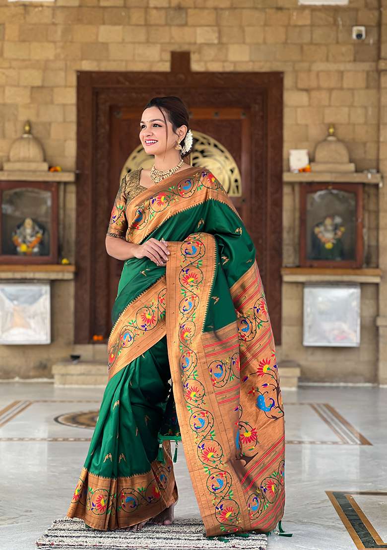 Green Silk Blend Saree Set with Zari Work for Diwali | Wedding & Festive Wear - Indya