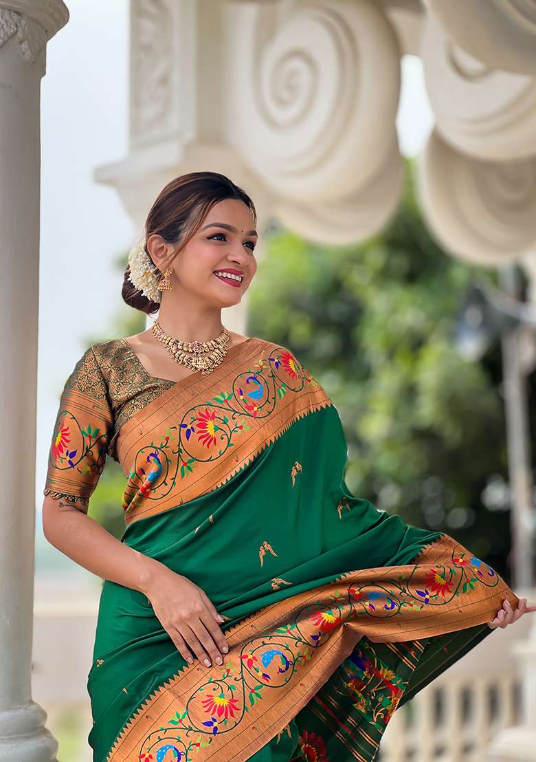 Green Silk Blend Saree Set with Zari Work for Diwali | Wedding & Festive Wear - Indya