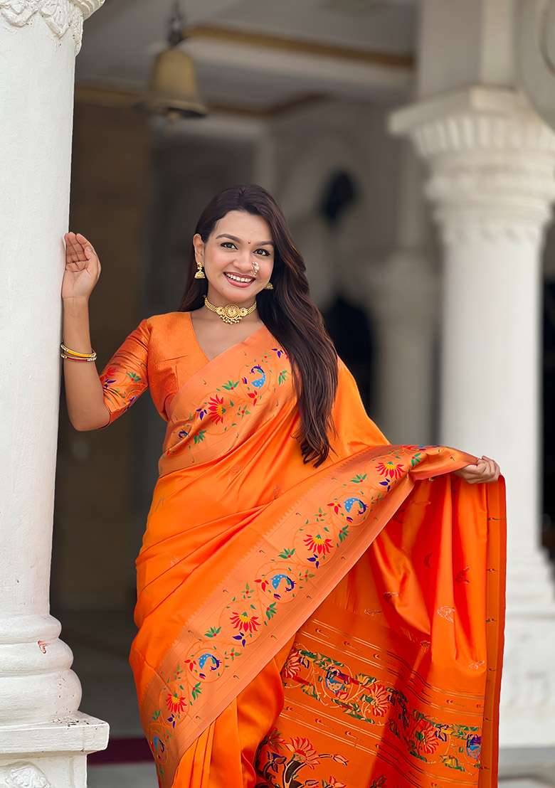Orange Zari Work Silk Blend Saree Set for Diwali and Festive Wear - Indya