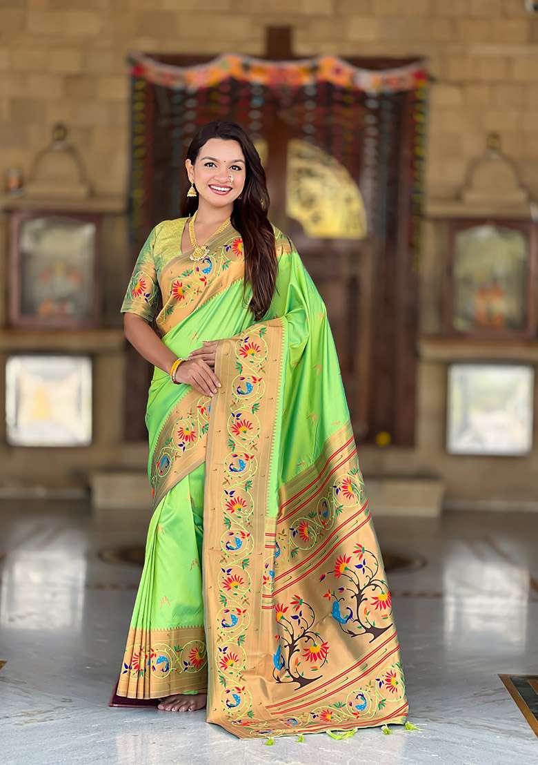Green Silk Blend Saree Set with Zari Work for Diwali | Wedding & Festive Wear - Indya