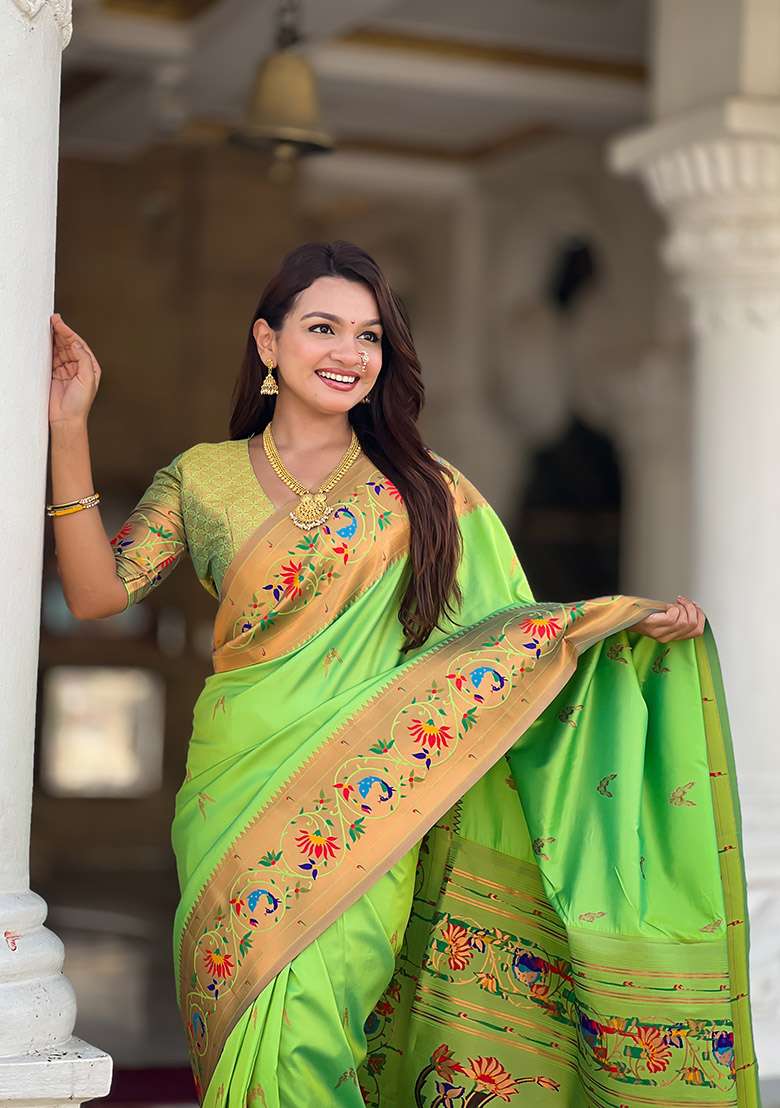 Green Silk Blend Saree Set with Zari Work for Diwali | Wedding & Festive Wear - Indya