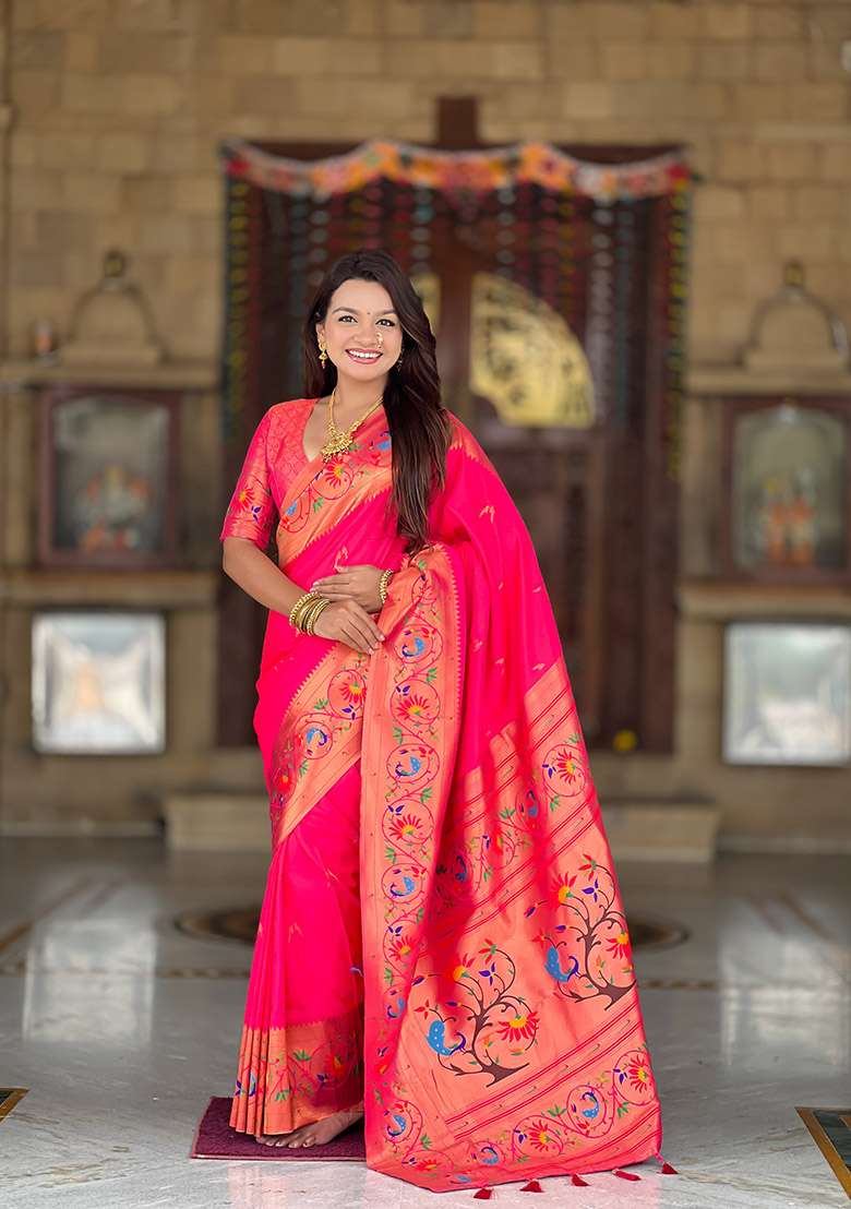 Pink Silk Blend Saree Set with Zari Work for Diwali | Wedding & Festive Wear - Indya