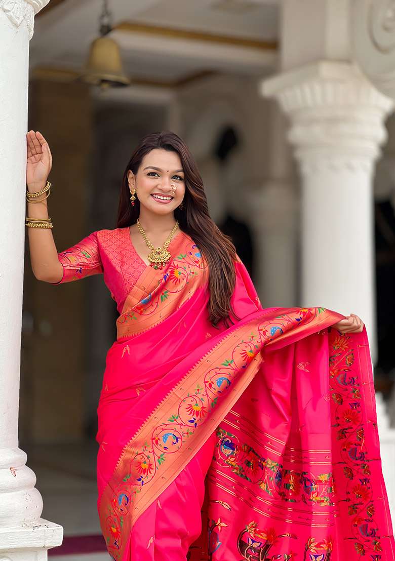 Pink Silk Blend Saree Set with Zari Work for Diwali | Wedding & Festive Wear - Indya