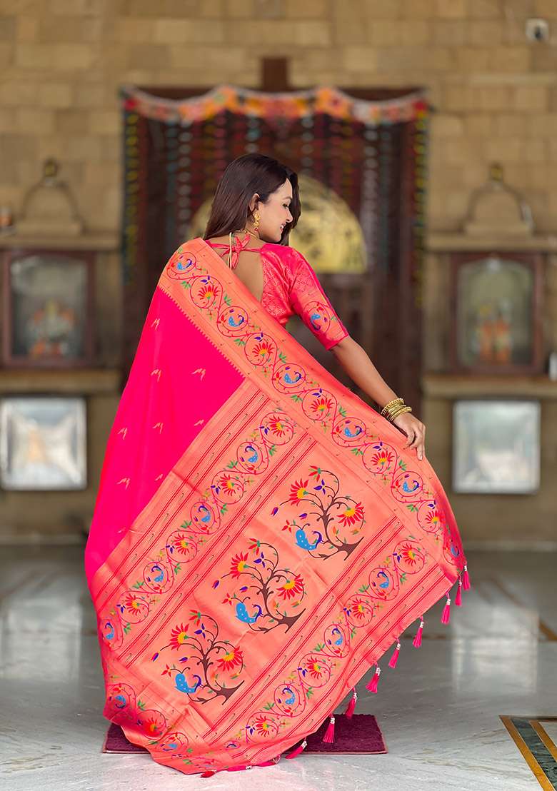 Pink Silk Blend Saree Set with Zari Work for Diwali | Wedding & Festive Wear - Indya