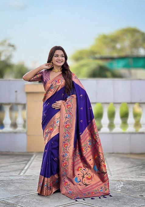 Purple Zari Work Silk Saree Set