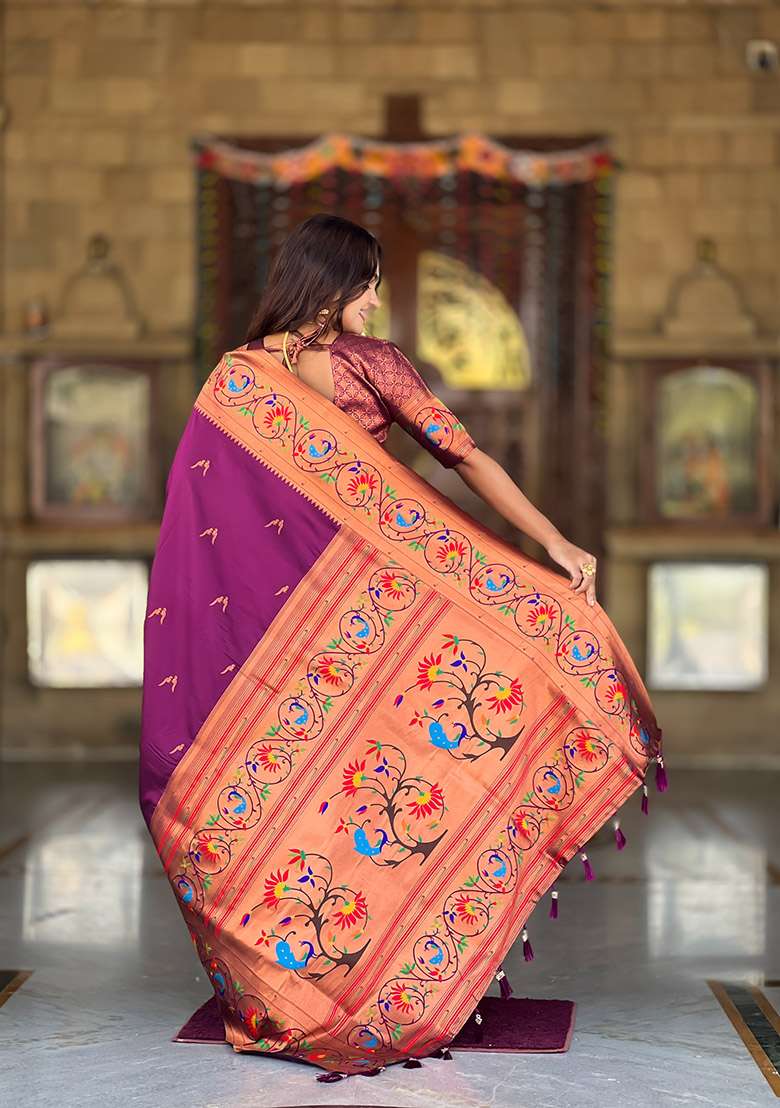 Wine Zari Work Silk Blend Saree Set for Diwali and Festive Wear - Indya