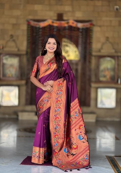 Wine Zari Work Silk Saree Set