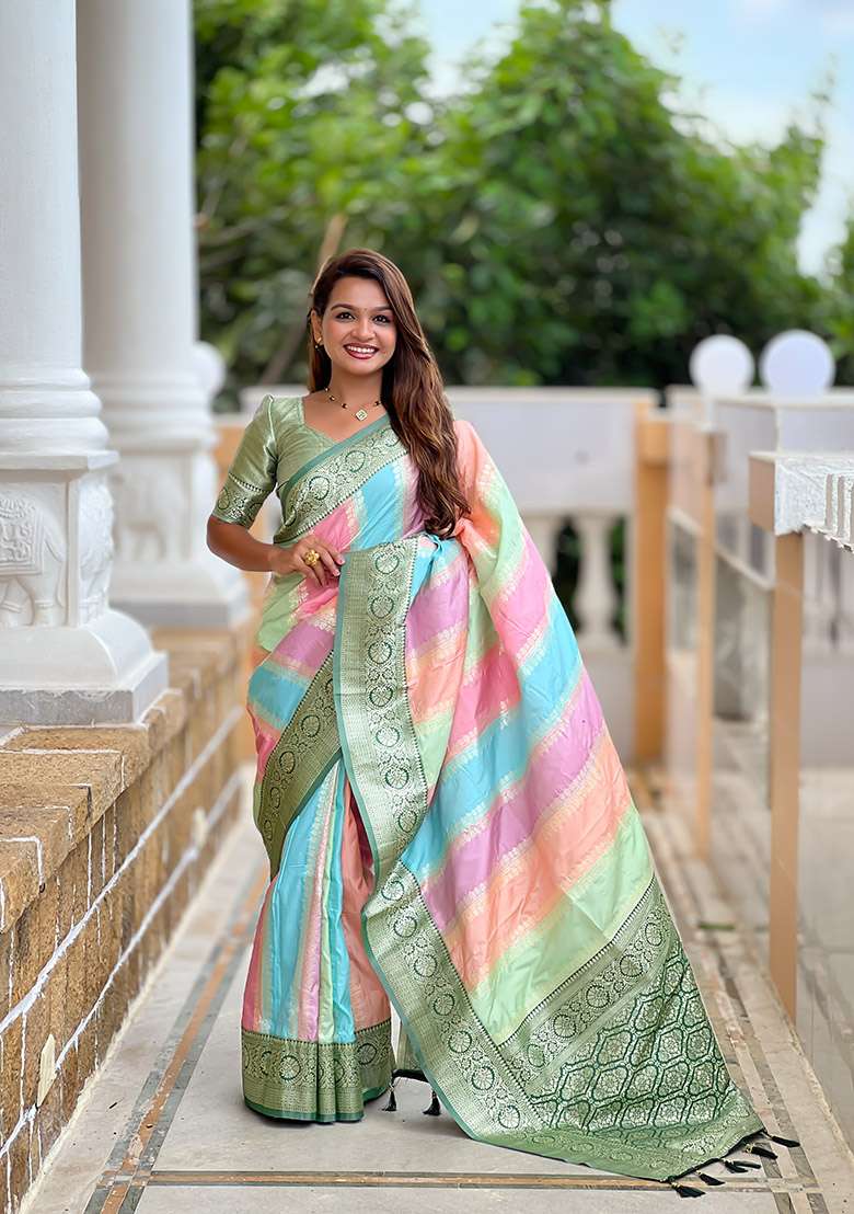 Green Zari Work Silk Blend Saree Set for Diwali and Festive Wear - Indya