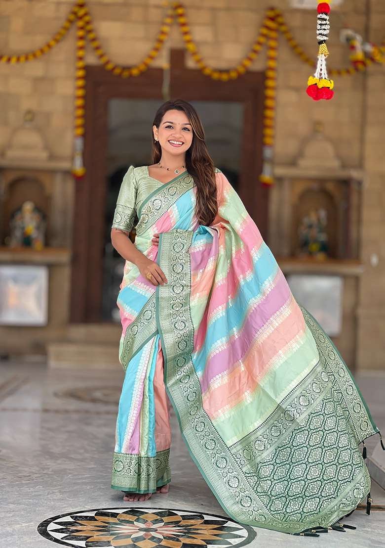 Green Zari Work Silk Blend Saree Set for Diwali and Festive Wear - Indya